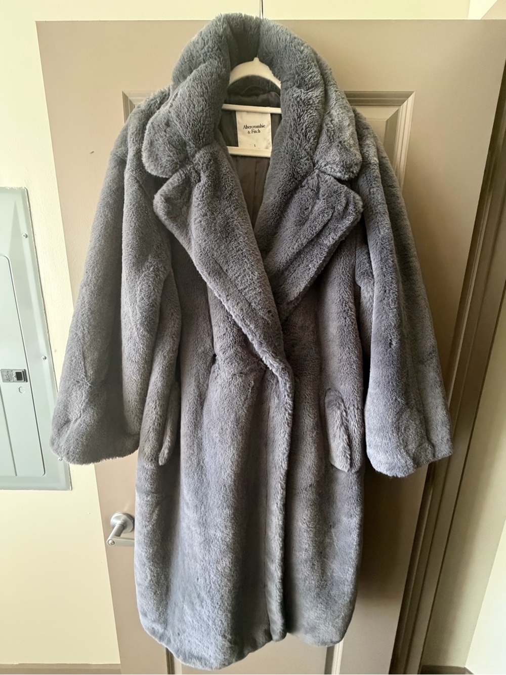 Abercrombie & Fitch Plush Slate Gray Faux Fur Long Coat
